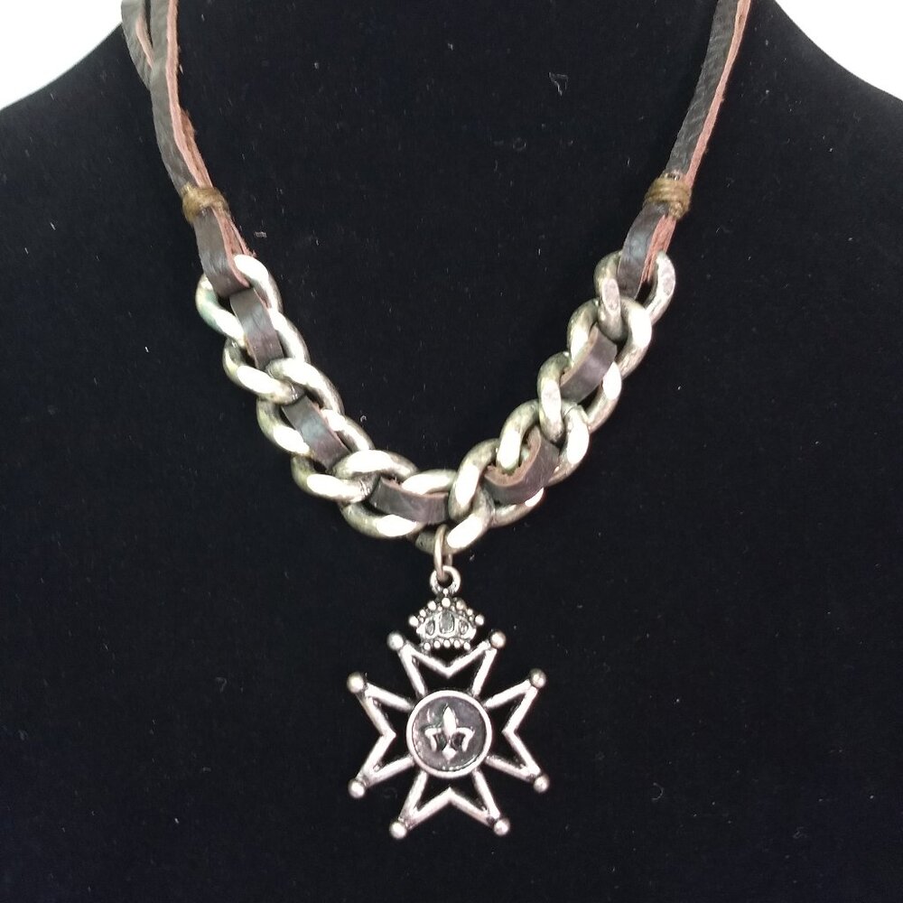 Maltese Cross Silver Tone Pendant Chain Link & Leather Necklace Marked Honor